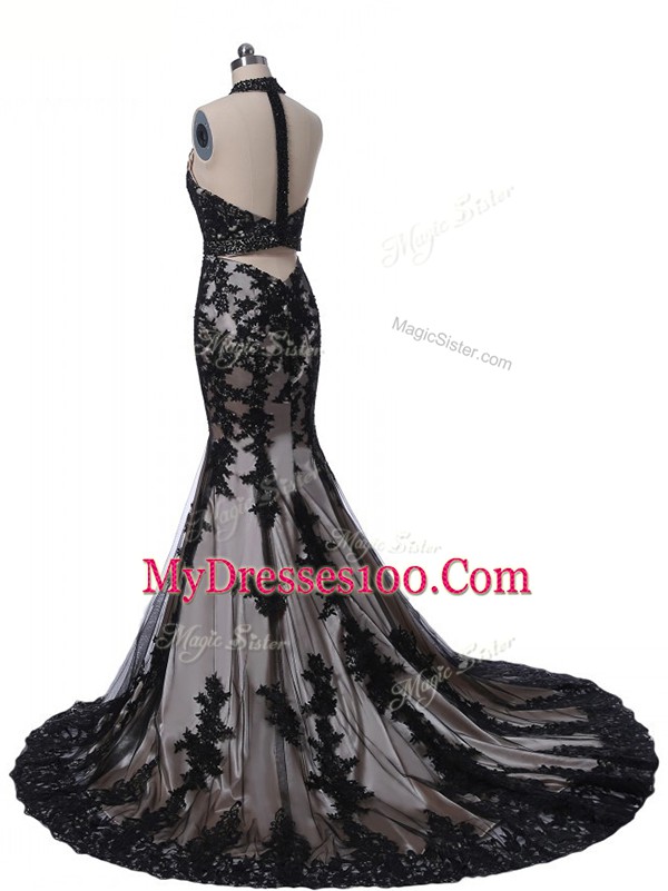 Eye-catching Black Sleeveless Brush Train Lace and Appliques Mother of Bride Dresses