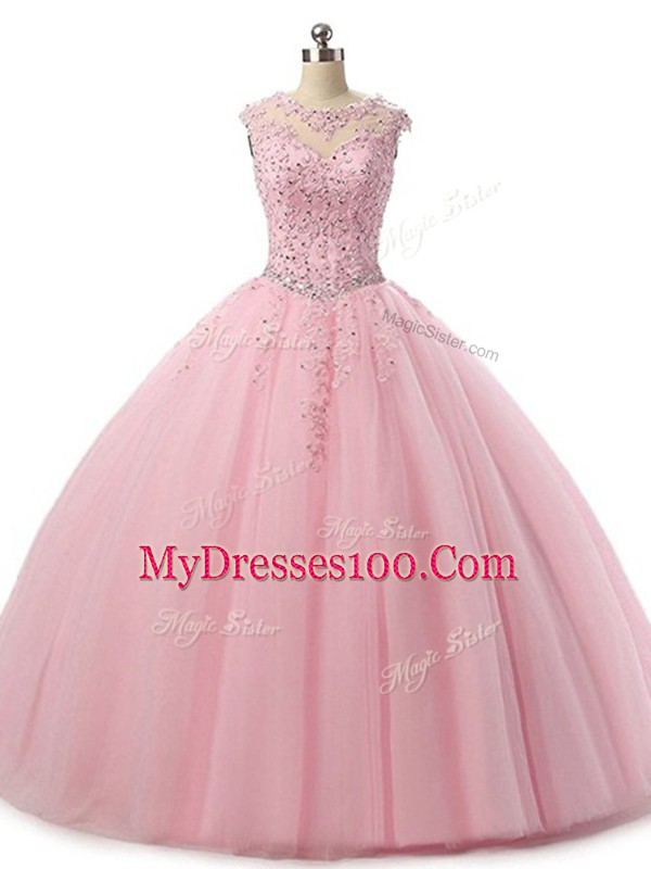 Luxury Floor Length Baby Pink Quinceanera Dress Scoop Sleeveless Lace Up