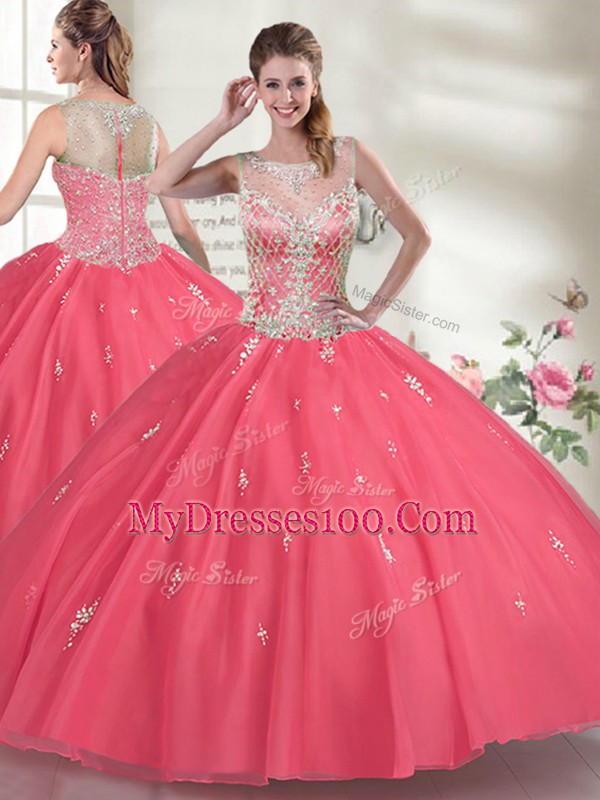 Hot Selling Hot Pink Quinceanera Gowns Military Ball and Sweet 16 and Quinceanera with Beading Scoop Sleeveless Zipper
