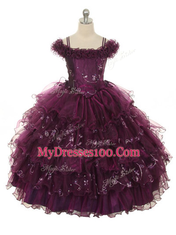 New Style Off The Shoulder Sleeveless Kids Pageant Dress Floor Length Ruffles and Ruffled Layers Burgundy Organza