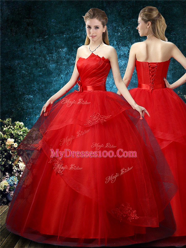 Deluxe Red Lace Up Wedding Gowns Appliques Sleeveless Floor Length