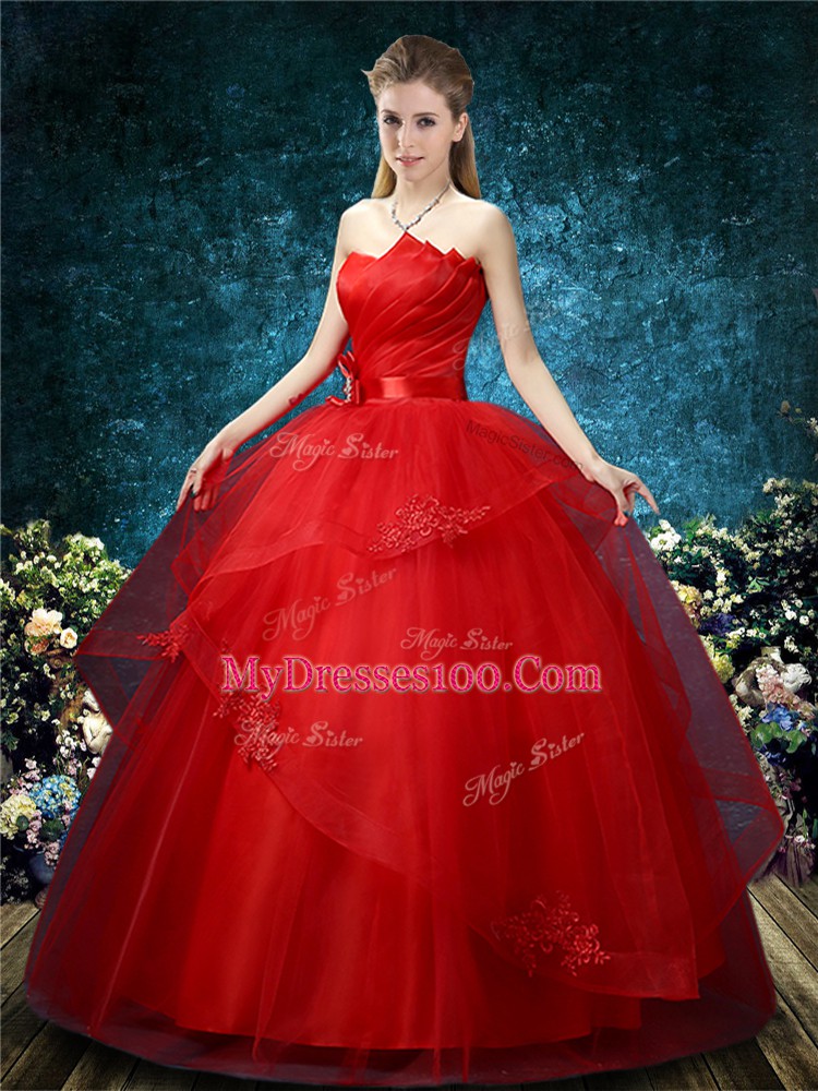 Deluxe Red Lace Up Wedding Gowns Appliques Sleeveless Floor Length