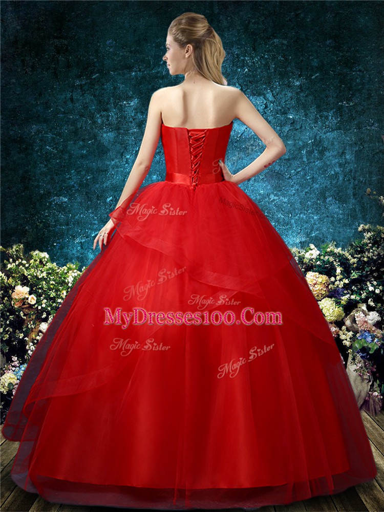 Deluxe Red Lace Up Wedding Gowns Appliques Sleeveless Floor Length