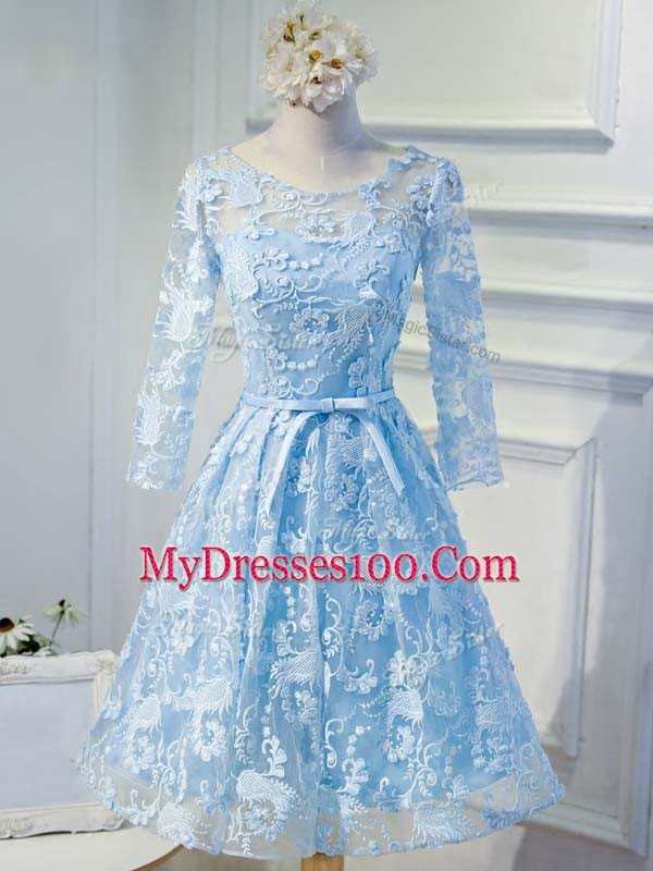 Scoop Long Sleeves Prom Evening Gown Knee Length Appliques and Belt Baby Blue Organza