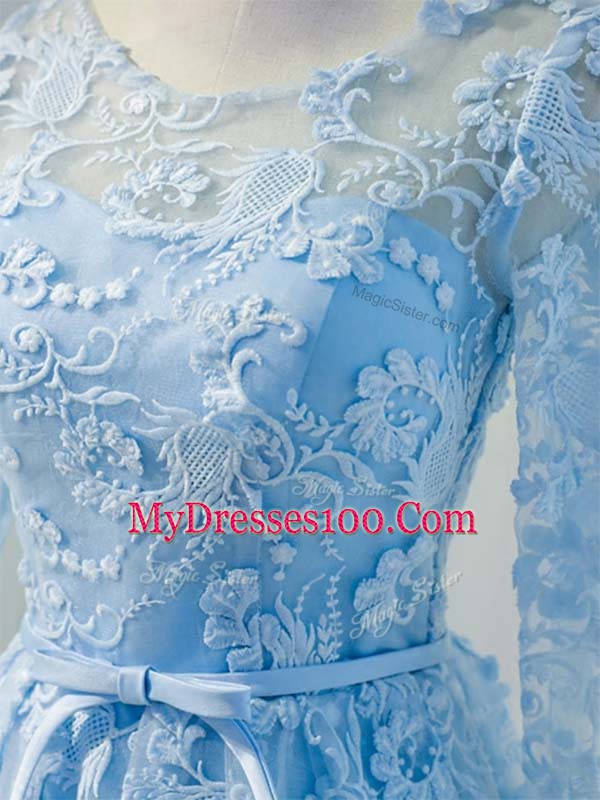 Scoop Long Sleeves Prom Evening Gown Knee Length Appliques and Belt Baby Blue Organza