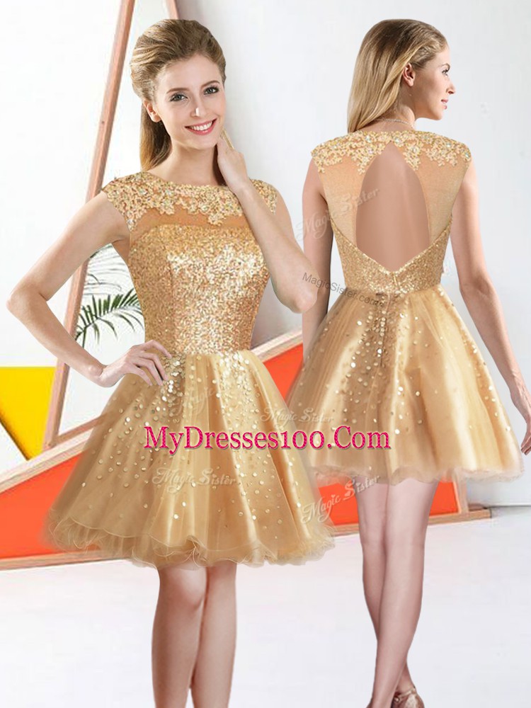 Champagne Backless Quinceanera Dama Dress Beading and Lace Sleeveless Knee Length
