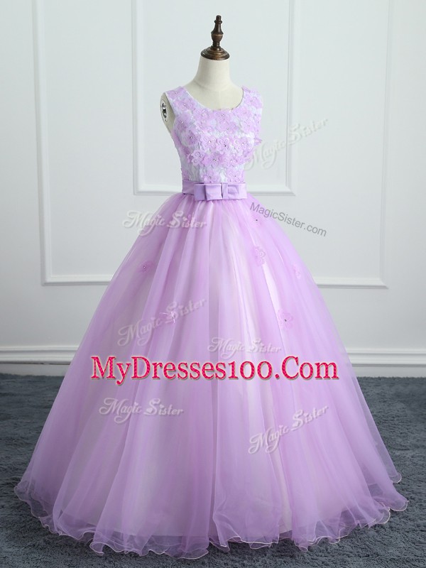 Sleeveless Lace Up Floor Length Lace and Appliques and Bowknot Vestidos de Quinceanera