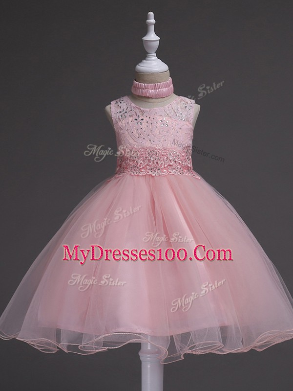 Gorgeous Knee Length Baby Pink Little Girls Pageant Dress Scoop Sleeveless Zipper