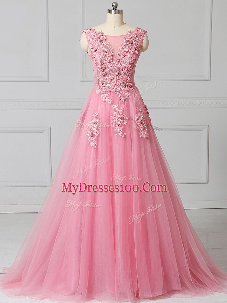 Pink Sleeveless Tulle Brush Train Lace Up Prom Gown for Prom and Party