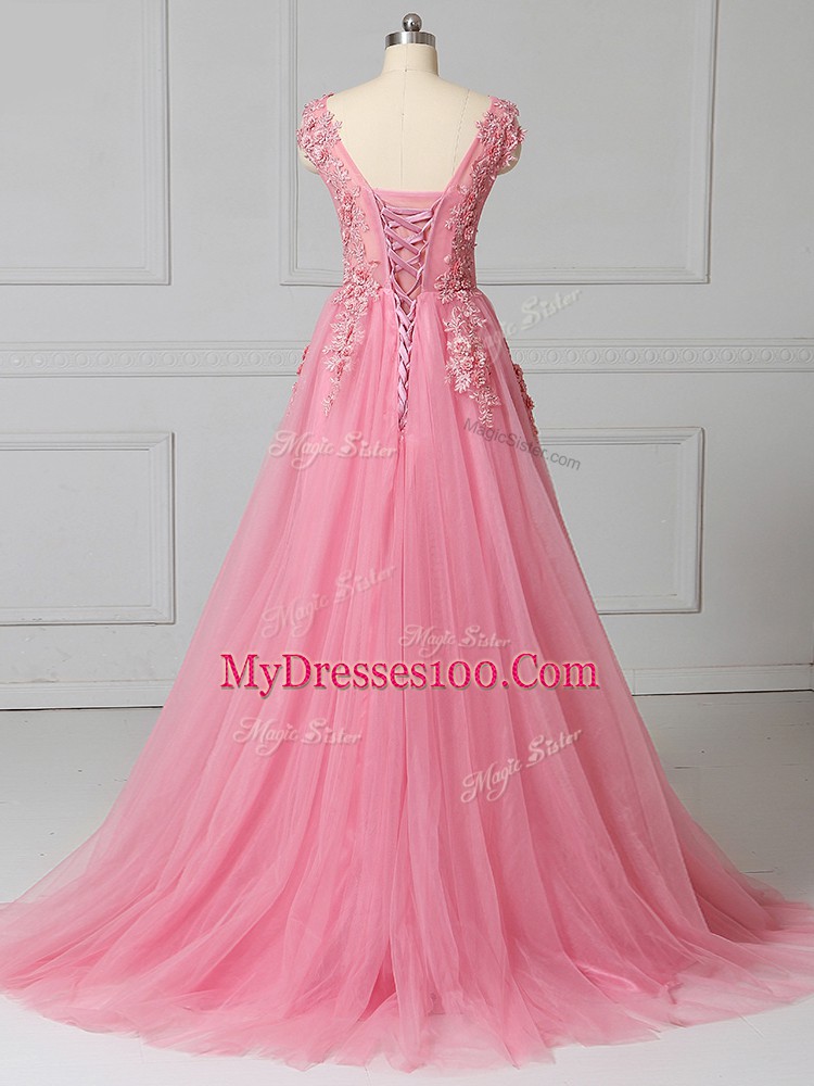 Pink Sleeveless Tulle Brush Train Lace Up Prom Gown for Prom and Party