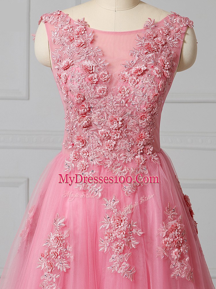Pink Sleeveless Tulle Brush Train Lace Up Prom Gown for Prom and Party