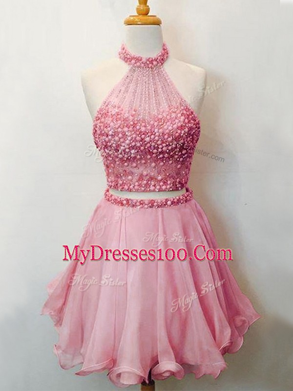 Fitting Beading Court Dresses for Sweet 16 Pink Lace Up Sleeveless Knee Length