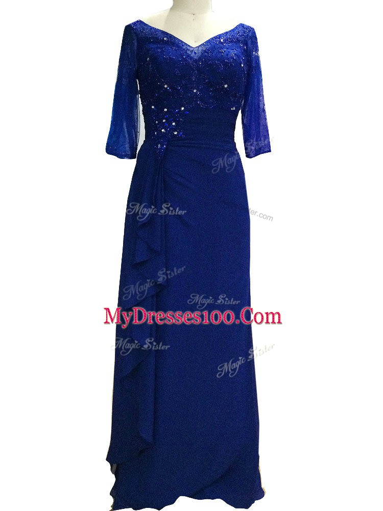 Royal Blue Column/Sheath Chiffon V-neck Sleeveless Beading Floor Length Zipper Mother Of The Bride Dress