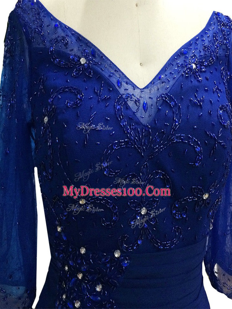 Royal Blue Column/Sheath Chiffon V-neck Sleeveless Beading Floor Length Zipper Mother Of The Bride Dress