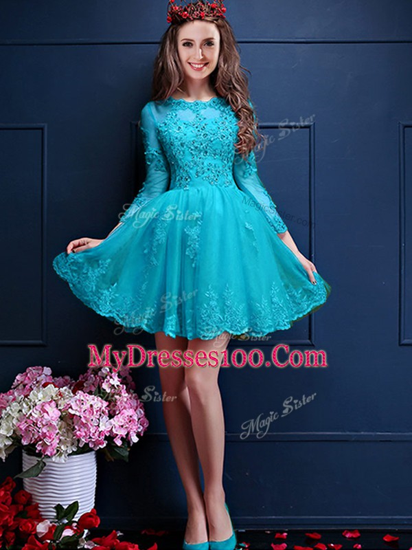 Gorgeous Aqua Blue Lace Up Scalloped Beading and Lace and Appliques Bridesmaids Dress Chiffon 3 4 Length Sleeve