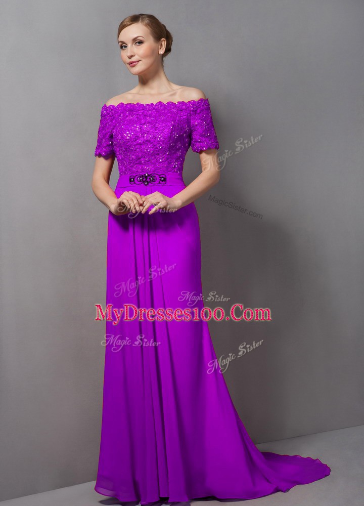 Edgy Chiffon Off The Shoulder Short Sleeves Sweep Train Zipper Lace Mother Of The Bride Dress in Purple