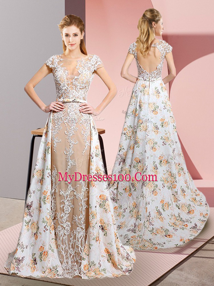 Dazzling White Column/Sheath Lace and Appliques Evening Dress Backless Chiffon Short Sleeves