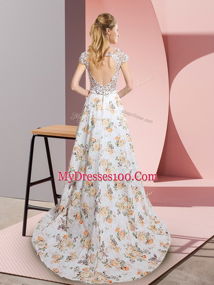 Dazzling White Column/Sheath Lace and Appliques Evening Dress Backless Chiffon Short Sleeves