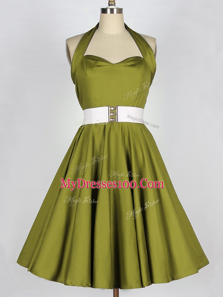 Cheap Knee Length Lace Up Quinceanera Dama Dress Olive Green for Prom and Party and Wedding Party with Belt