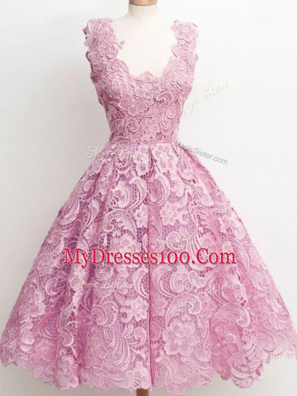 Decent Lilac Sleeveless Lace Knee Length Bridesmaid Gown