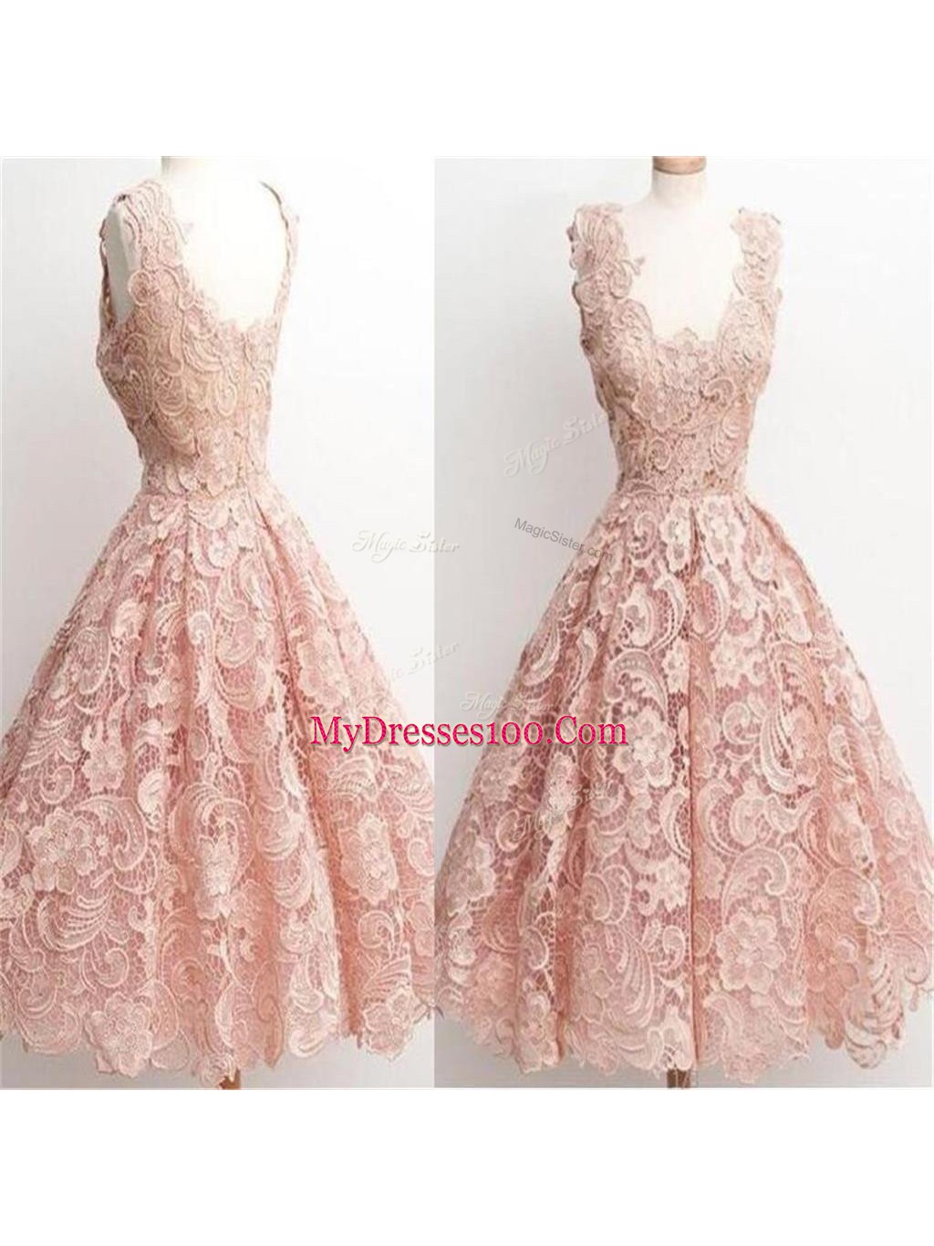 Decent Lilac Sleeveless Lace Knee Length Bridesmaid Gown