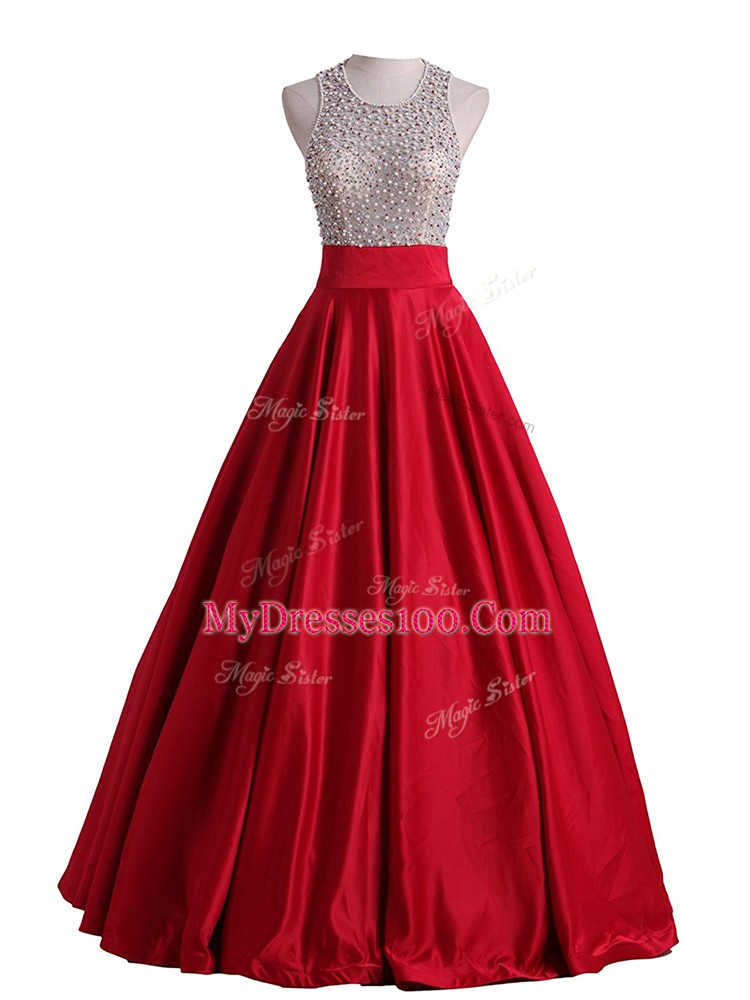 Red Backless Scoop Beading Dress for Prom Satin Sleeveless