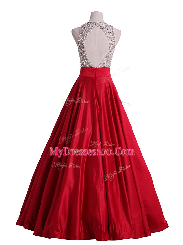 Red Backless Scoop Beading Dress for Prom Satin Sleeveless