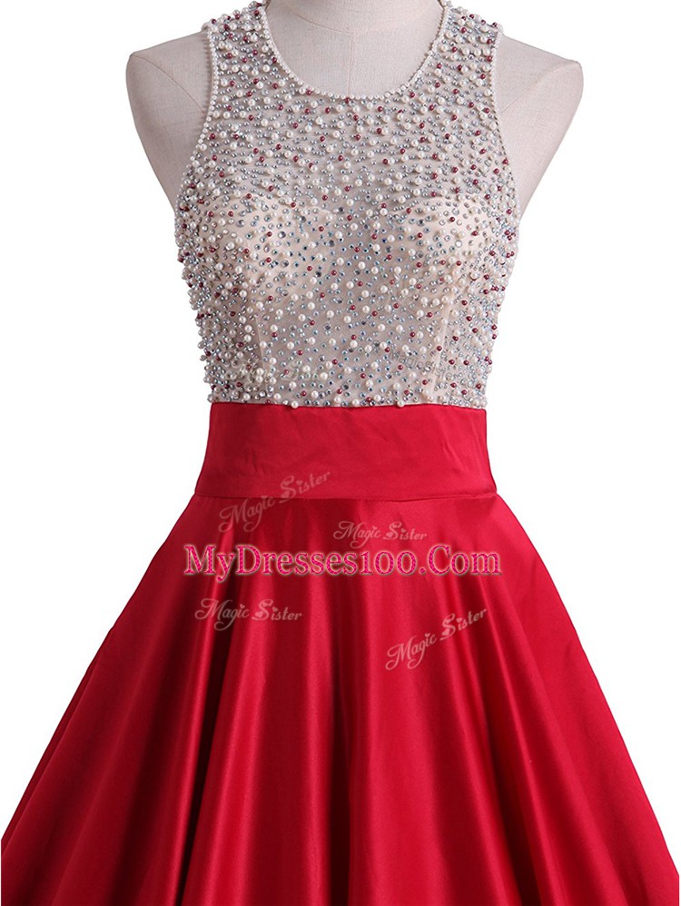 Red Backless Scoop Beading Dress for Prom Satin Sleeveless