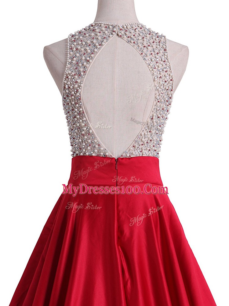 Red Backless Scoop Beading Dress for Prom Satin Sleeveless