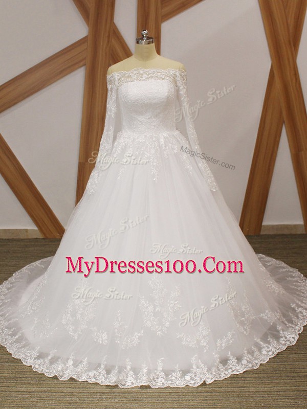 Stylish White Long Sleeves Beading and Appliques Lace Up Bridal Gown