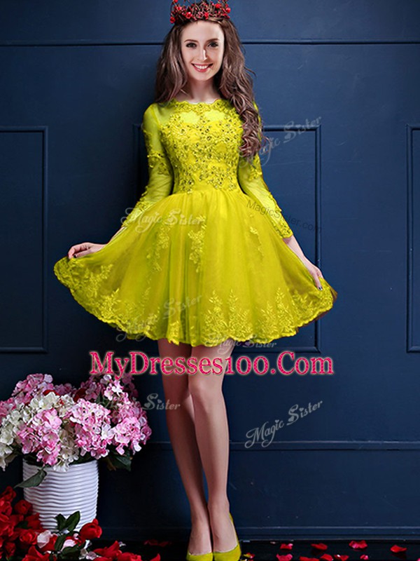 Enchanting Yellow Lace Up Scalloped Beading and Lace and Appliques Bridesmaid Dresses Chiffon 3 4 Length Sleeve
