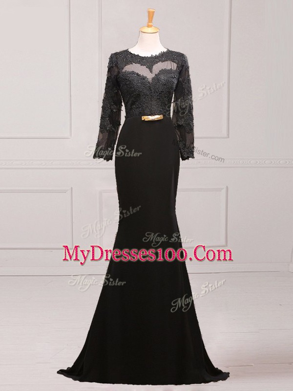 Custom Designed Black Chiffon Side Zipper Scoop Long Sleeves Mother Dresses Brush Train Lace and Appliques and Belt