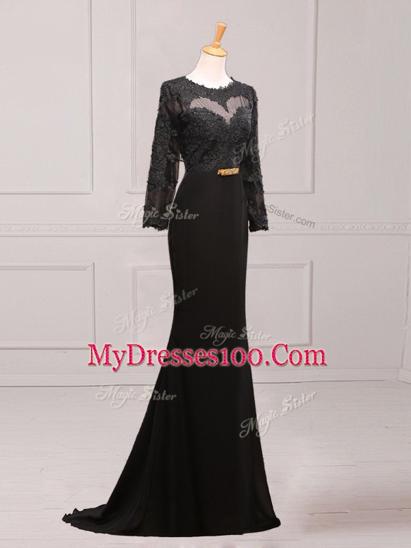 Custom Designed Black Chiffon Side Zipper Scoop Long Sleeves Mother Dresses Brush Train Lace and Appliques and Belt