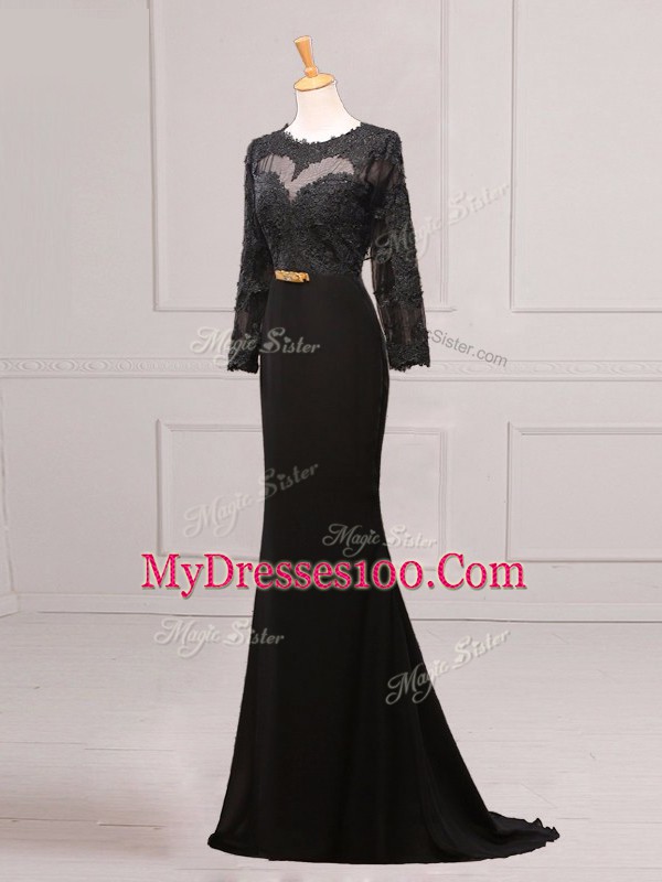 Custom Designed Black Chiffon Side Zipper Scoop Long Sleeves Mother Dresses Brush Train Lace and Appliques and Belt