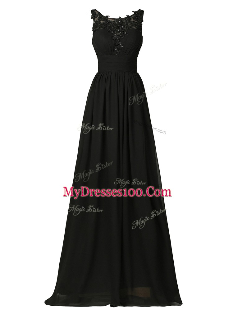 Sweet Sleeveless Chiffon Floor Length Zipper Court Dresses for Sweet 16 in Black with Appliques