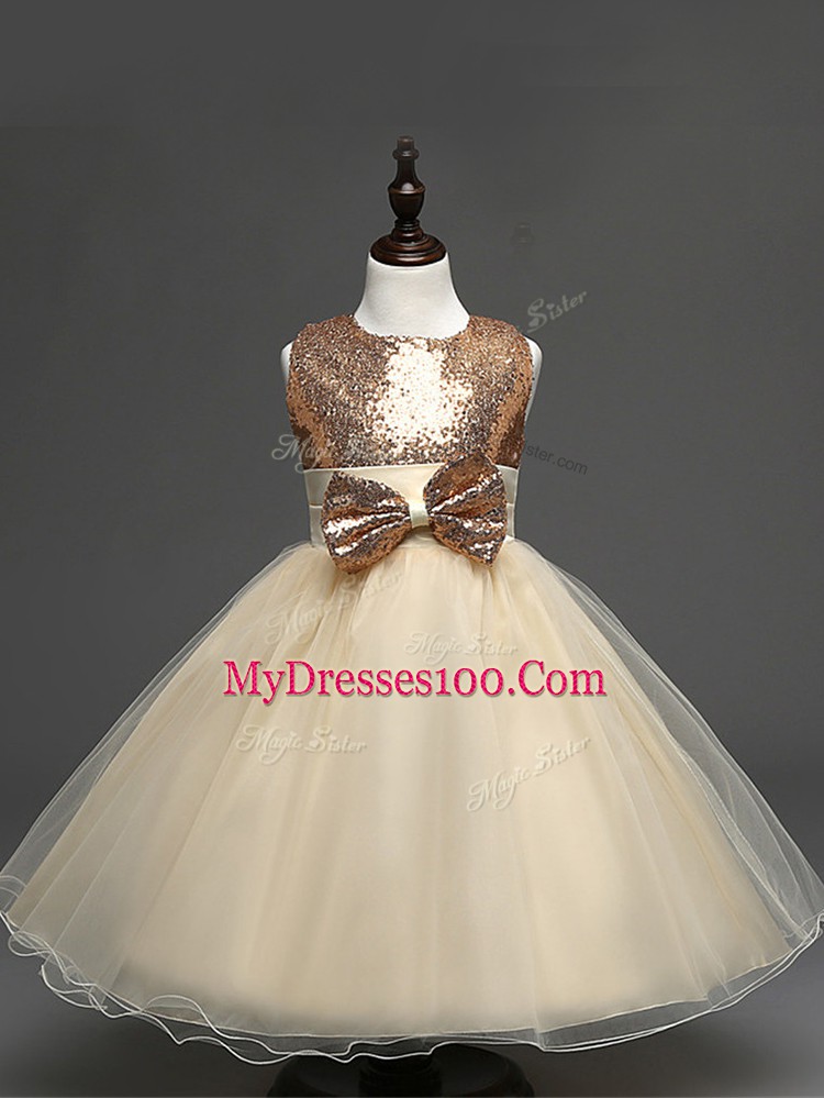 Champagne Scoop Zipper Sequins and Bowknot Little Girl Pageant Dress Sleeveless