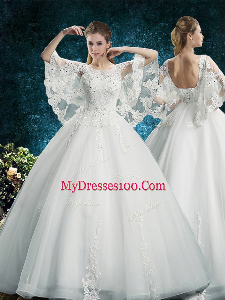 Half Sleeves Lace Up Floor Length Lace Bridal Gown