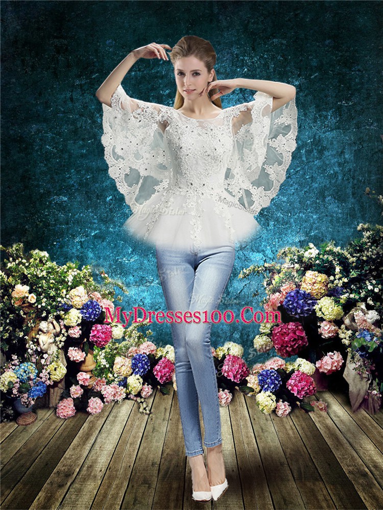 Half Sleeves Lace Up Floor Length Lace Bridal Gown