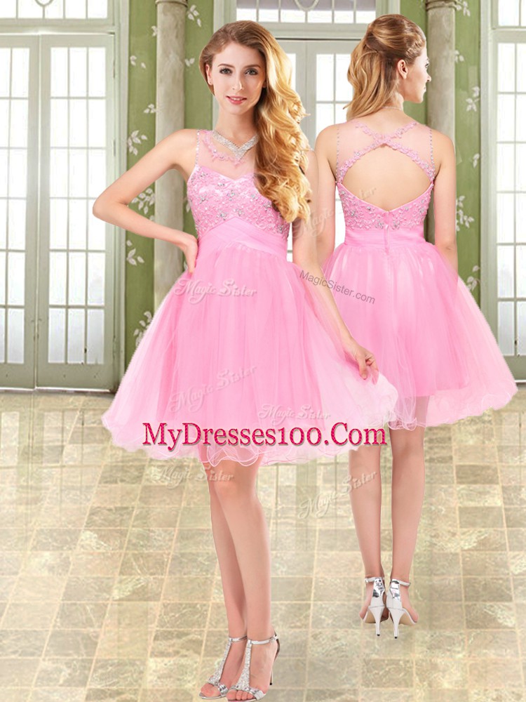 Mini Length Pink Homecoming Dress High-neck Sleeveless Side Zipper