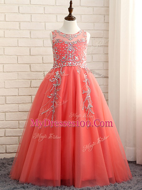 Watermelon Red Sleeveless Floor Length Beading Zipper Child Pageant Dress