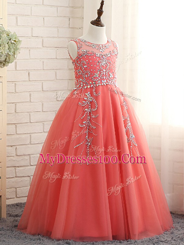 Watermelon Red Sleeveless Floor Length Beading Zipper Child Pageant Dress