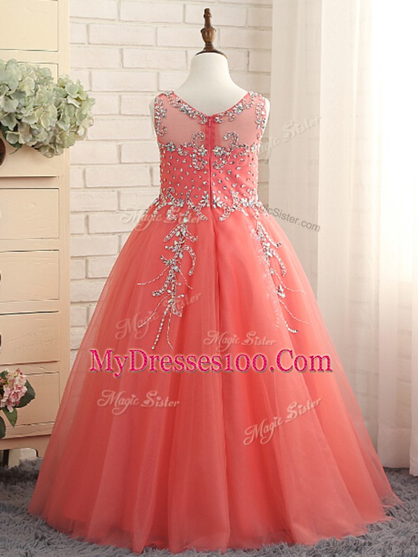 Watermelon Red Sleeveless Floor Length Beading Zipper Child Pageant Dress