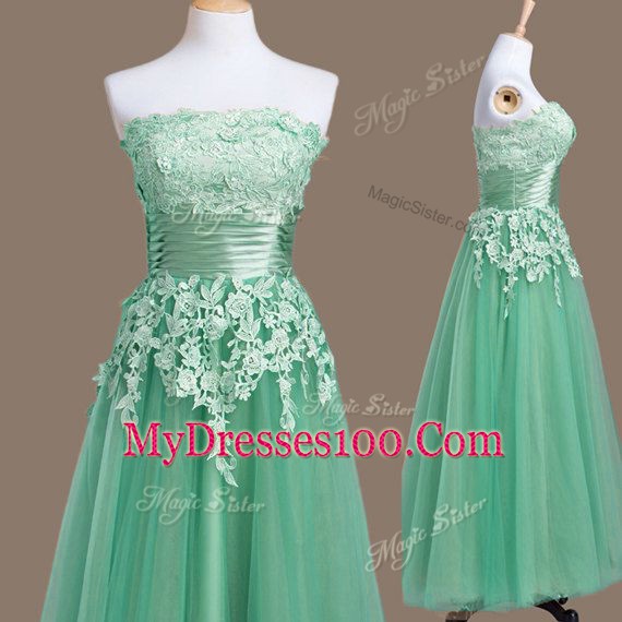 Turquoise Empire Tulle Strapless Sleeveless Appliques Tea Length Lace Up Bridesmaids Dress