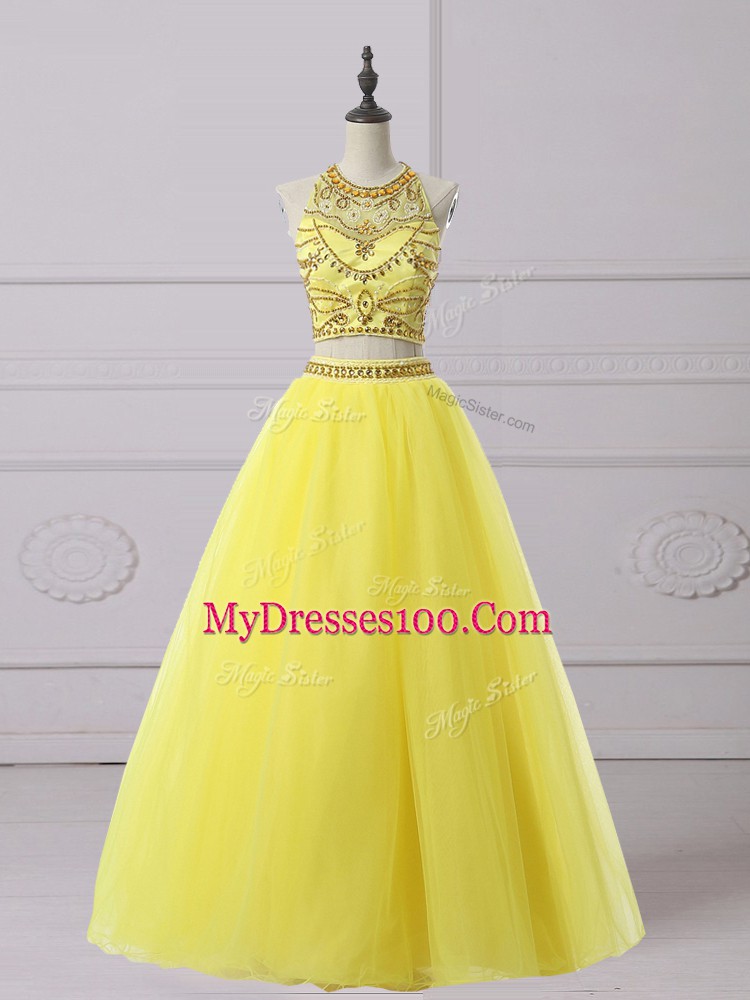 Spectacular Floor Length Backless Prom Dresses Yellow and In with Beading