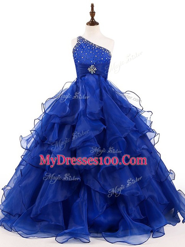 Sleeveless Zipper Floor Length Beading and Ruffles Girls Pageant Dresses