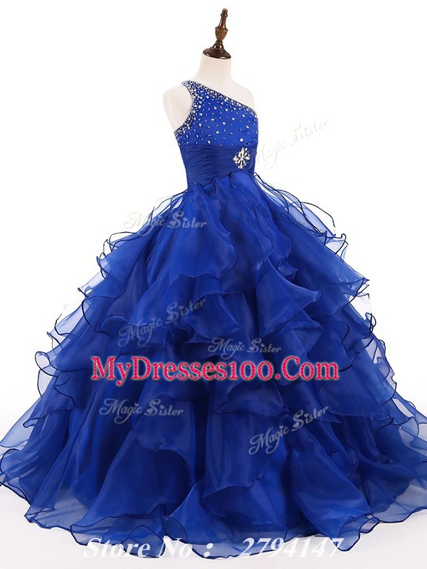 Sleeveless Zipper Floor Length Beading and Ruffles Girls Pageant Dresses