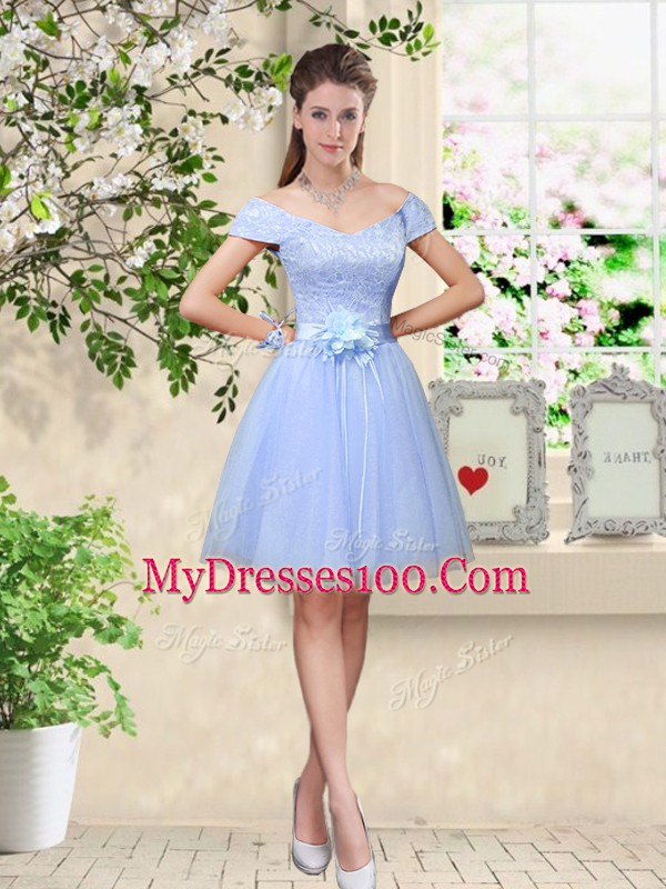 Lavender V-neck Lace Up Lace and Belt Wedding Party Dress Sleeveless