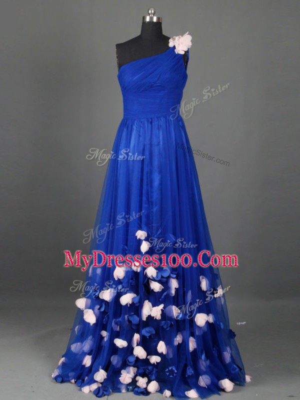 Romantic Tulle One Shoulder Sleeveless Side Zipper Beading and Hand Made Flower Prom Party Dress in Royal Blue