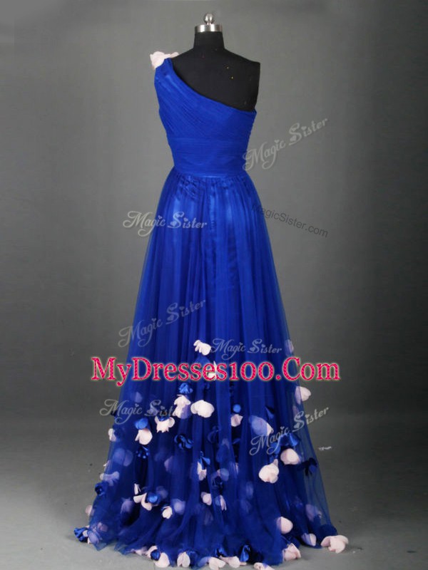 Romantic Tulle One Shoulder Sleeveless Side Zipper Beading and Hand Made Flower Prom Party Dress in Royal Blue