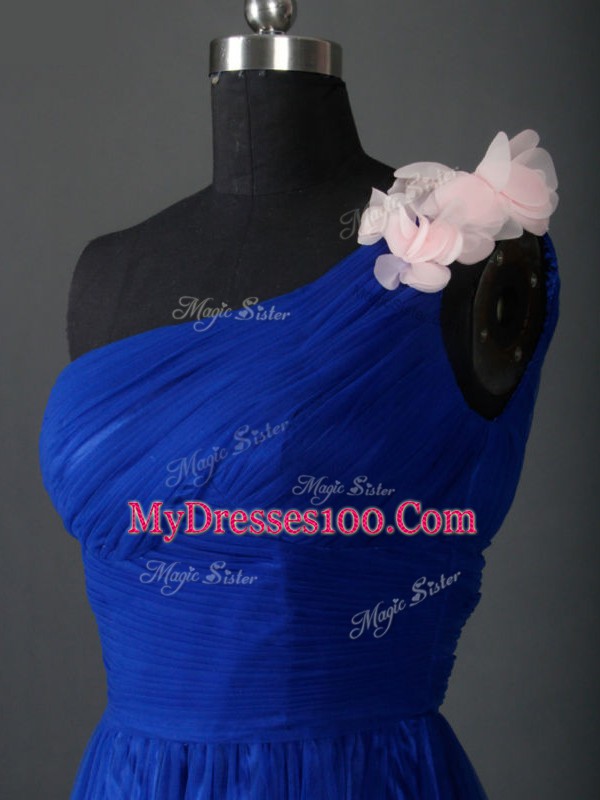 Romantic Tulle One Shoulder Sleeveless Side Zipper Beading and Hand Made Flower Prom Party Dress in Royal Blue